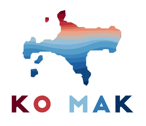 Mapa de Ko Mak Mapa de la isla con hermosas olas geométricas en colores rojos azules — Vector de stock