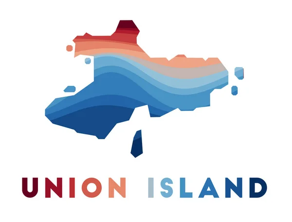 Union Island kaart Kaart van het eiland met prachtige geometrische golven in rood blauwe kleuren Levendige Unie — Stockvector