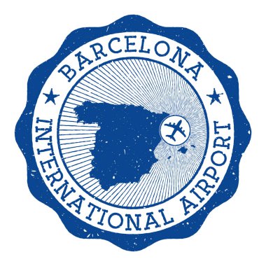 Barcelona Uluslararası Havalimanı damgalı Barcelona yuvarlak logosu İspanya haritasında yer alıyor