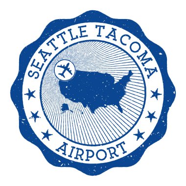 Seattle Tacoma Havaalanı damgalı Seattle yuvarlak logosu ABD haritasında yer almaktadır.