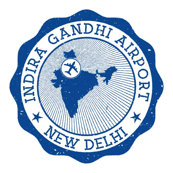 Indira Gandhi Airport New Delhi stamp Airport of New Delhi round logo with location on India map — Stock Vector