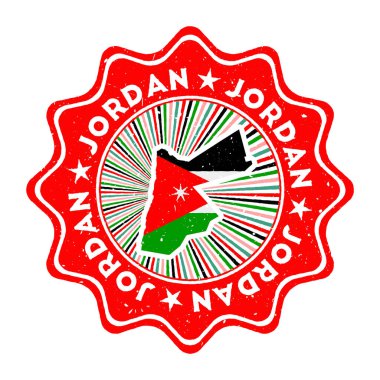 Ülke haritası ve ülke bayrağı ile Ürdün yuvarlak grunge damgası Dairesel metin ile vintage rozet ve