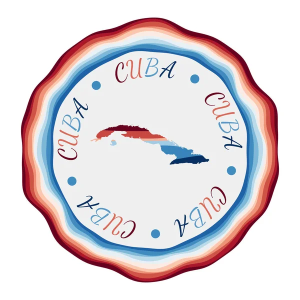 Cuba badge Carte du pays avec de belles vagues géométriques et un cadre rouge vif bleu vif — Image vectorielle
