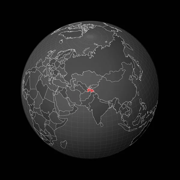Globo oscuro centrado en Tayikistán País resaltado con color rojo en el mapa mundial Mundo satélite — Archivo Imágenes Vectoriales