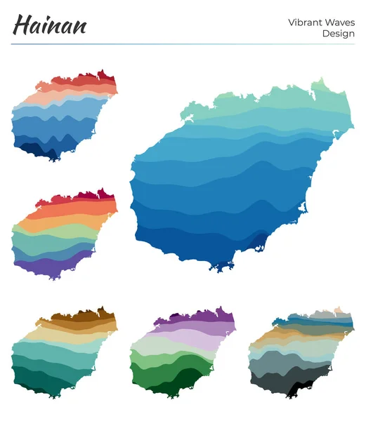 Ensemble de cartes vectorielles de Hainan Conception d'ondes vibrantes Carte lumineuse de l'île en courbes lisses géométriques — Image vectorielle