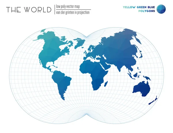 Mappa astratta Van der Grinten IV proiezione del mondo Giallo Verde Blu poligoni colorati — Vettoriale Stock