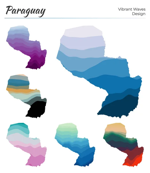 Conjunto de mapas vetoriais do Paraguai Design de ondas vibrantes Mapa brilhante do país em geométrico liso —  Vetores de Stock