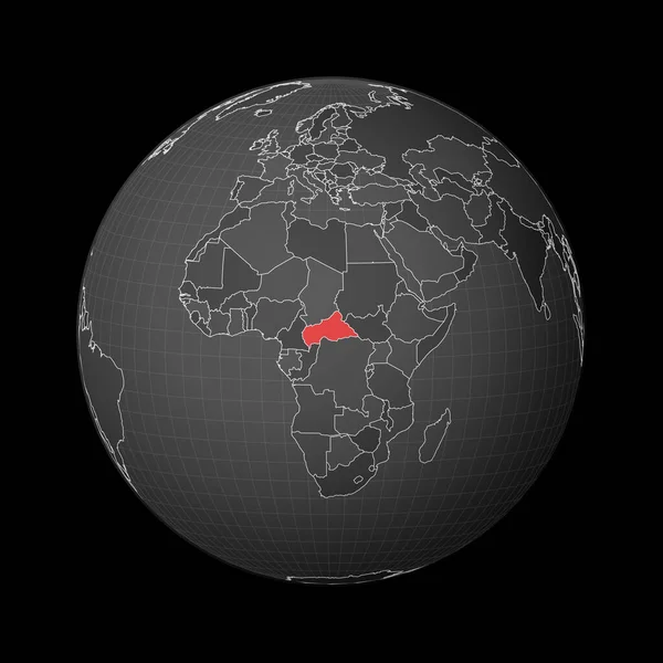 Globe sombre centré sur CAR Country mis en évidence avec la couleur rouge sur la carte du monde Monde satellite — Image vectorielle