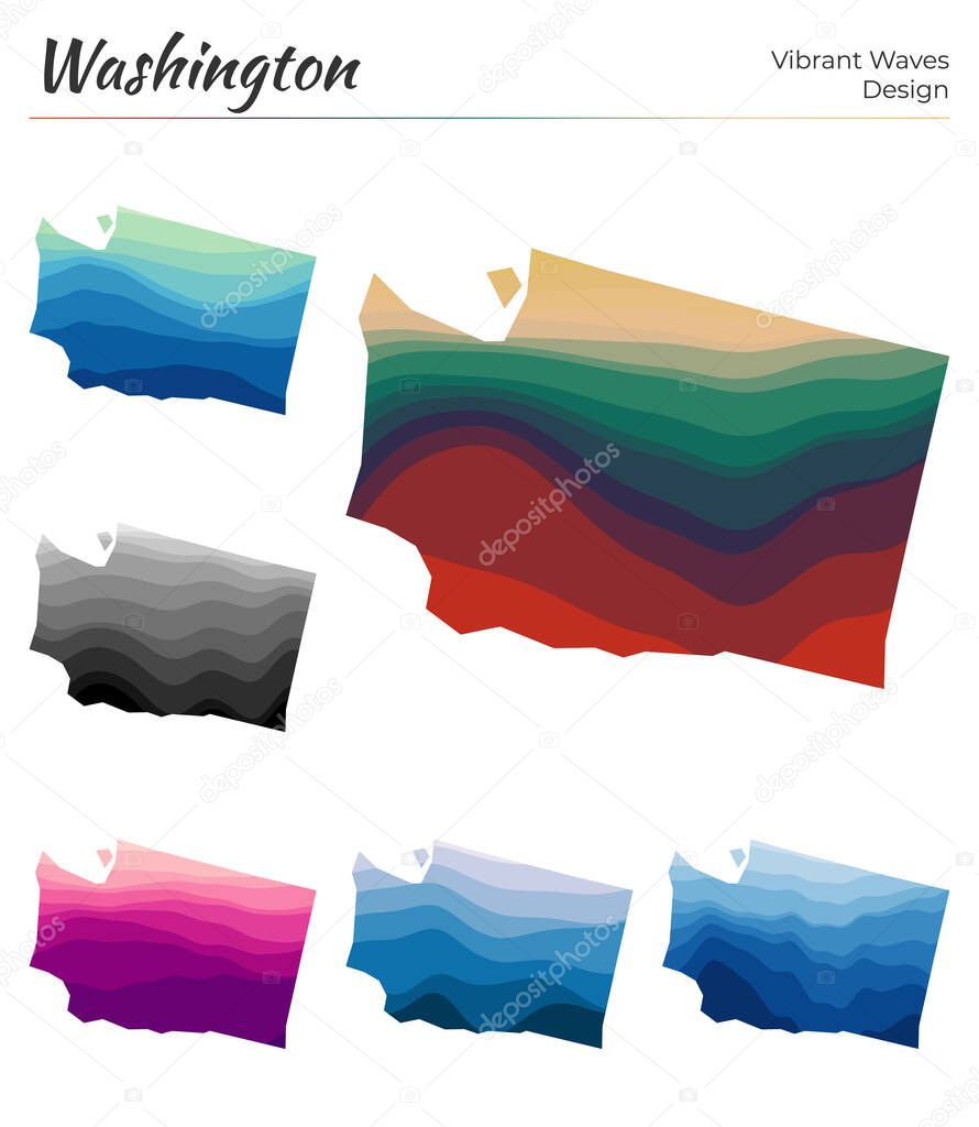 Set of vector maps of Washington Vibrant waves design Bright map of us state in geometric smooth