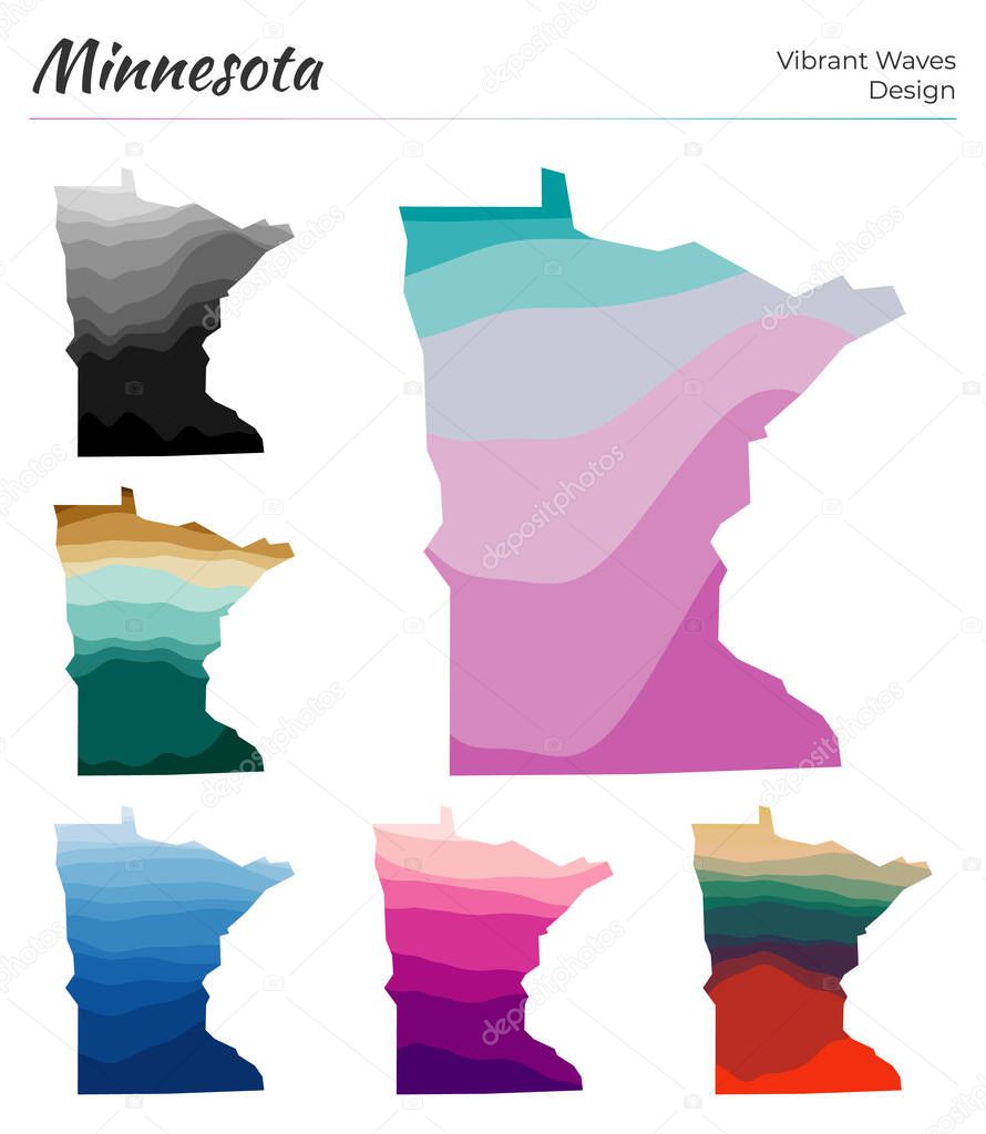 Set of vector maps of Minnesota Vibrant waves design Bright map of us state in geometric smooth