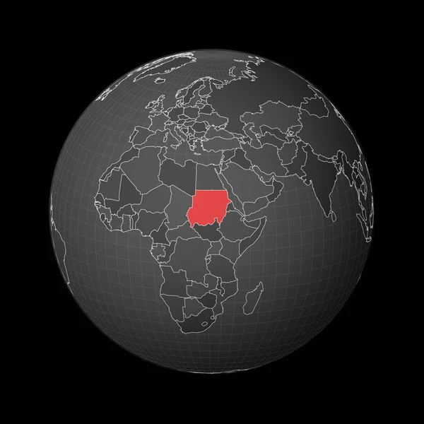 Темный шар с центром в стране Судан выделен красным цветом на карте Спутниковый мир — стоковый вектор
