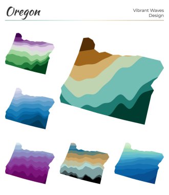 Set of vector maps of Oregon Vibrant waves design Bright map of us state in geometric smooth clipart