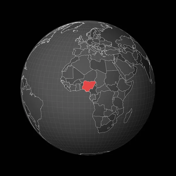 Globe sombre centré sur le Nigeria Pays mis en évidence avec la couleur rouge sur la carte du monde Monde satellite — Image vectorielle