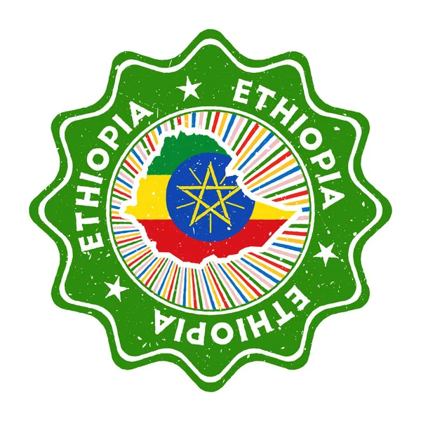 Etiopia timbro grunge rotondo con mappa del paese e bandiera del paese Badge vintage con testo circolare e — Vettoriale Stock