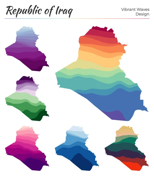 Conjunto de mapas vetoriais da República do Iraque Desenho de ondas vibrantes Mapa brilhante do país em geometria —  Vetores de Stock