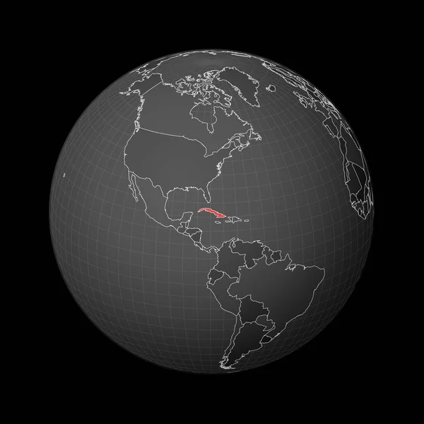Tmavý glóbus vycentrovaný na Kubu Země zvýrazněná červenou barvou na mapě světa Satelitní svět — Stockový vektor