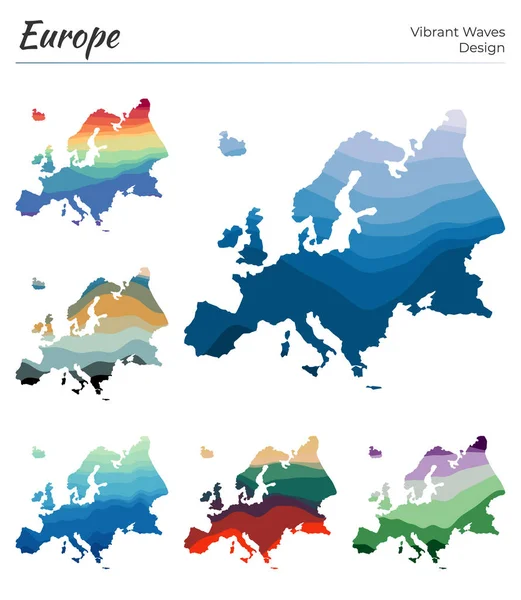 Európa vektoros térképeinek gyűjteménye Vibráló hullámok tervezése A kontinens világos térképe geometriai zökkenőmentesen — Stock Vector