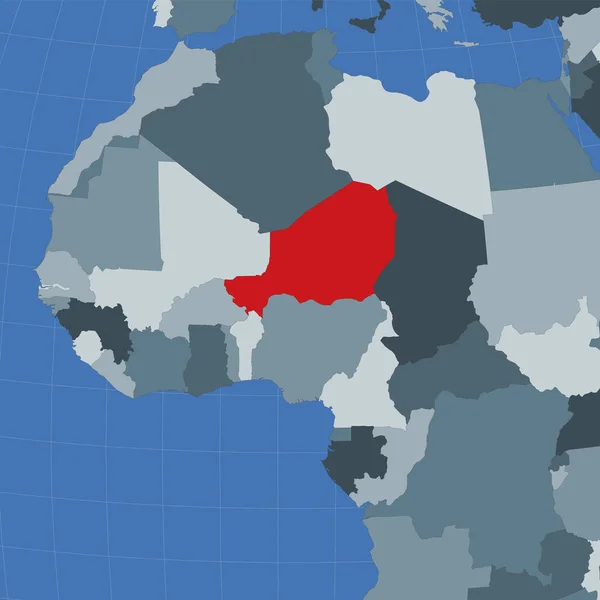 Tvar Nigeru v kontextu sousedních zemí Země zvýrazněná červenou barvou na světě — Stockový vektor