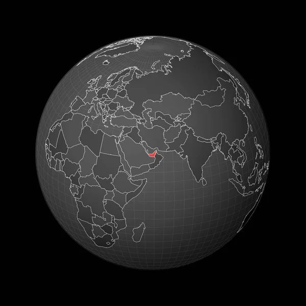 Globe sombre centré sur le pays des Émirats arabes unis mis en évidence avec la couleur rouge sur la carte du monde Monde satellite — Image vectorielle