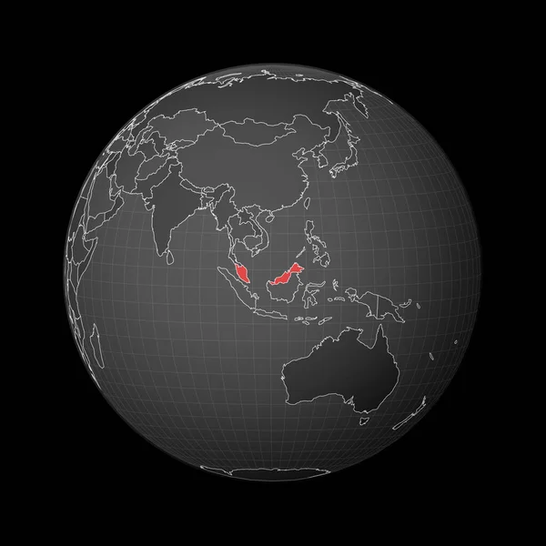 Donkere bol gecentreerd naar Maleisië Land gemarkeerd met rode kleur op wereldkaart Satellietwereld — Stockvector