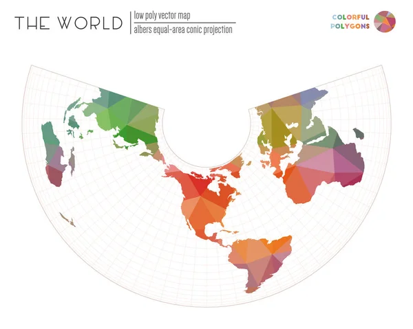 Mappa del mondo astratta Albers equalarea proiezione conica del mondo Poligoni colorati colorati — Vettoriale Stock