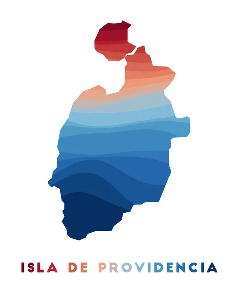 Mapa de Isla de Providencia Mapa de la isla con hermosas olas geométricas en colores rojo-azules — Vector de stock