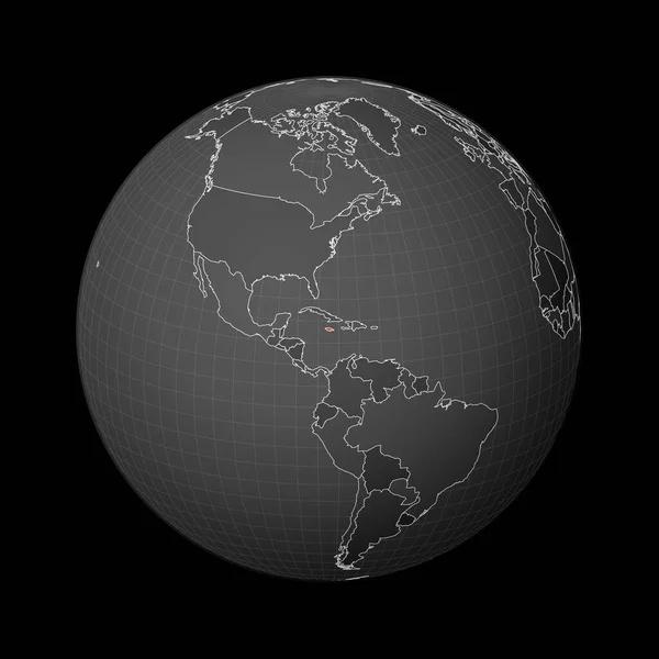 Globo oscuro centrado en Jamaica País resaltado con color rojo en el mapa mundial Mundo satélite — Archivo Imágenes Vectoriales