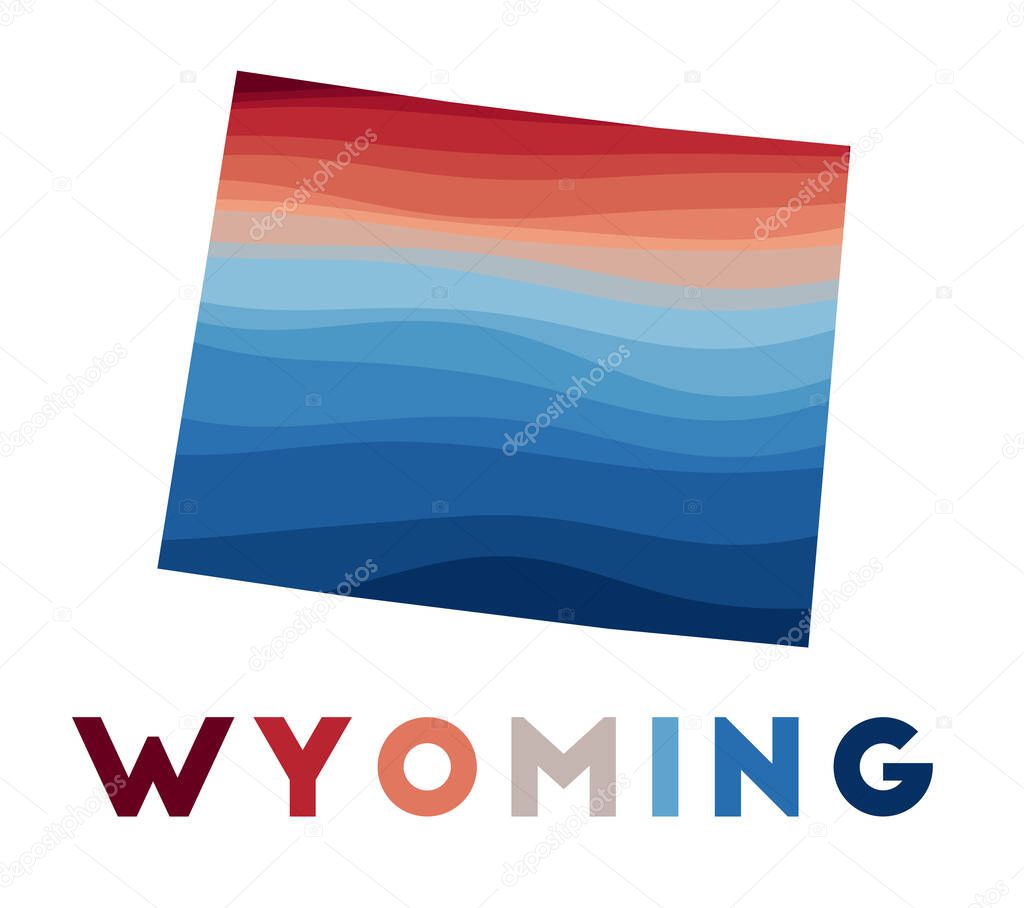 Wyoming map. Map of the us state with beautiful geometric waves in red blue colors. Vivid Wyoming shape. Vector illustration.