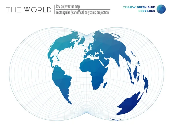 Mappa del mondo poligonale Ufficio di guerra rettangolare proiezione policonica del mondo Giallo Verde Blu — Vettoriale Stock