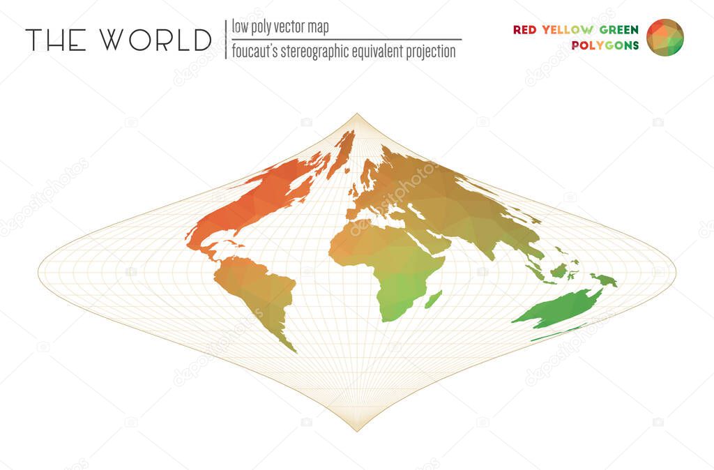 Polygonal map of the world Foucauts stereographic equivalent projection of the world Red Yellow