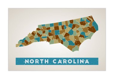 North Carolina map Us state poster with regions Old grunge texture Shape of North Carolina with