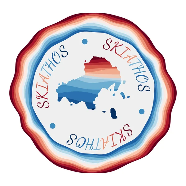 Skiathos badge Karta över ön med vackra geometriska vågor och pulserande röd blå ram — Stock vektor