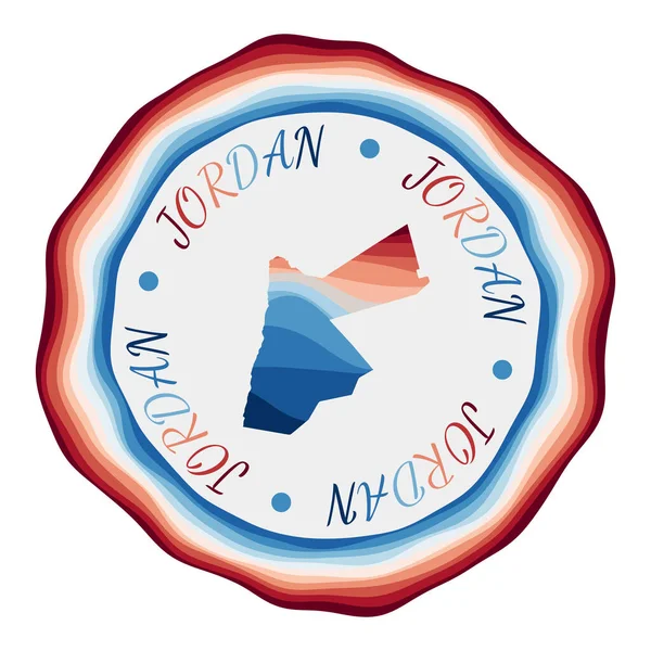 Jordan badge Carte du pays avec de belles vagues géométriques et un cadre rouge vif bleu vif — Image vectorielle