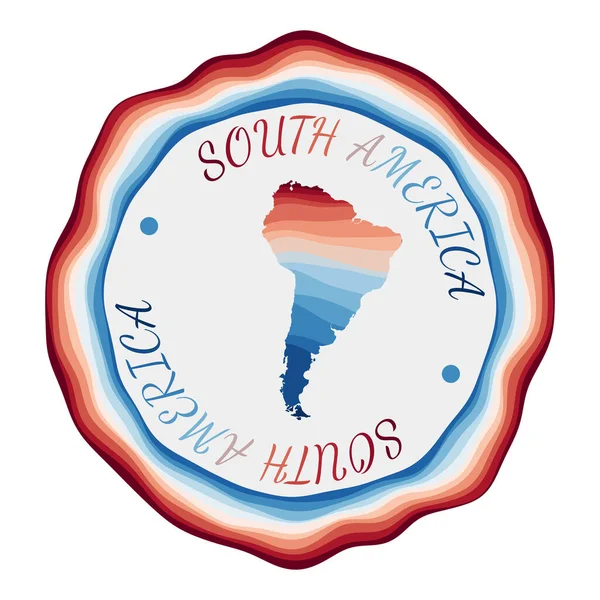 Insignia de América del Sur Mapa del continente con hermosas ondas geométricas y vibrante marco azul rojo — Vector de stock