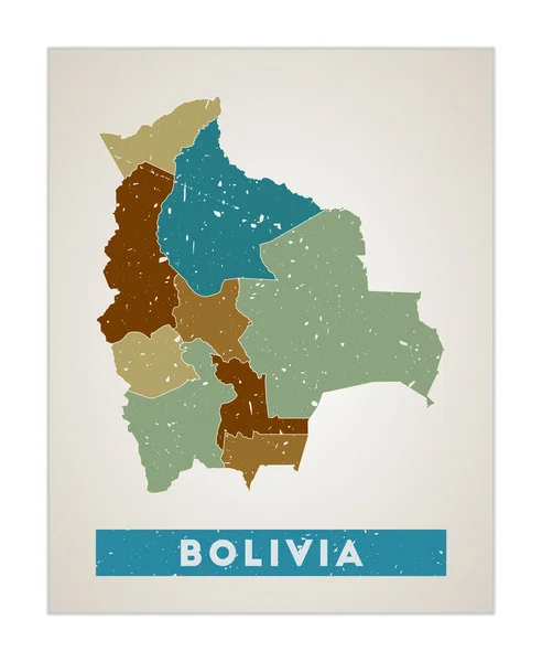 Βολιβία χάρτης Χώρα αφίσα με περιοχές Παλιά grunge υφή Σχήμα της Βολιβίας με το όνομα της χώρας — Διανυσματικό Αρχείο