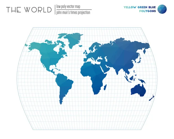 Mappa geometrica astratta del mondo John Muirs Times proiezione del mondo Giallo Verde Blu — Vettoriale Stock