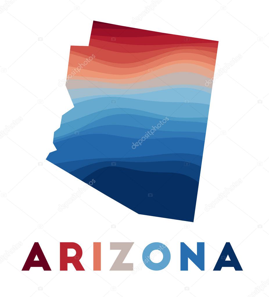 Arizona map. Map of the us state with beautiful geometric waves in red blue colors. Vivid Arizona shape. Vector illustration.