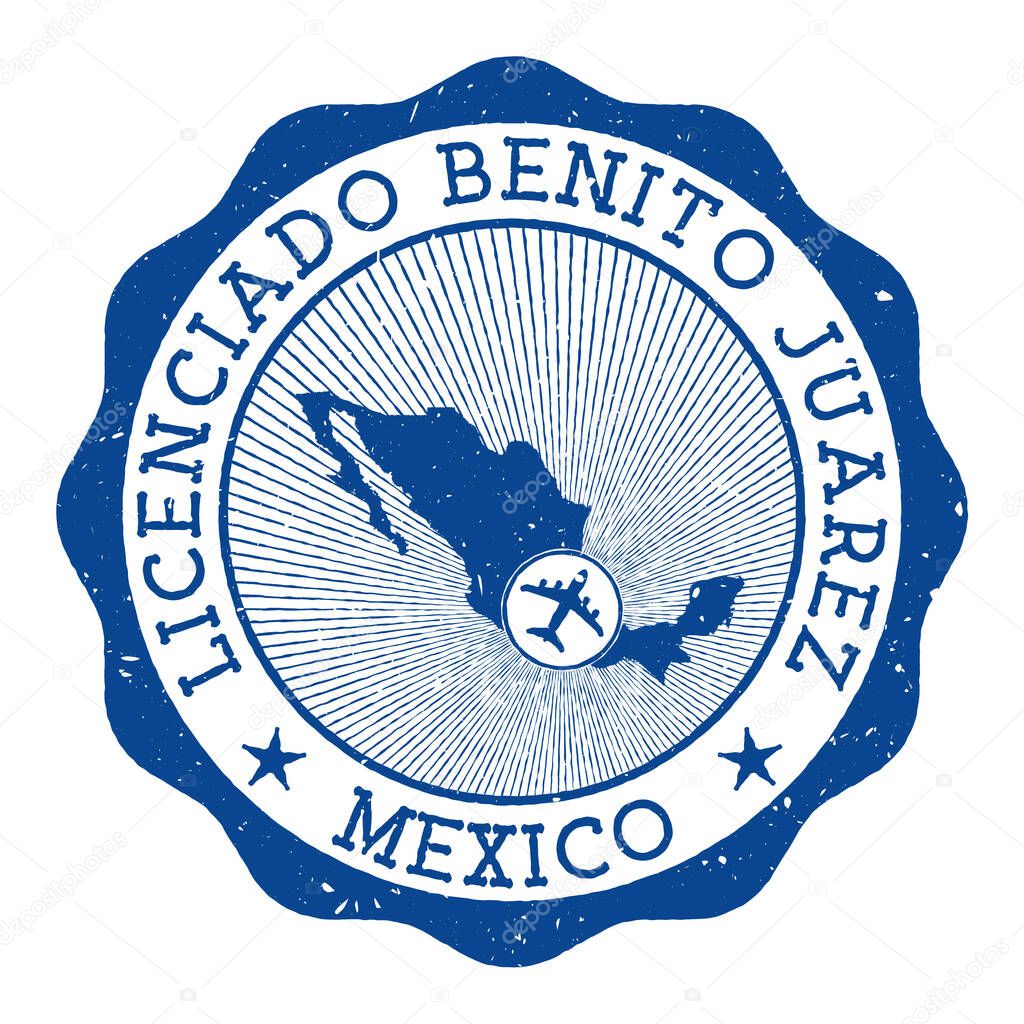 Licenciado Benito Juarez Mexico stamp Airport of Mexico City round logo with location on Mexico map