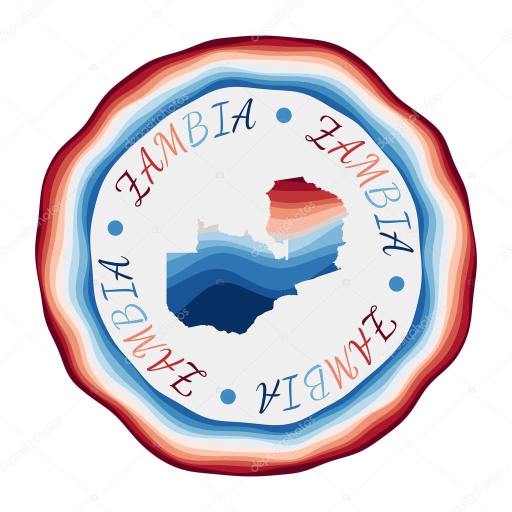 Zambia badge Map of the country with beautiful geometric waves and vibrant red blue frame Vivid