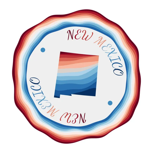 New Mexico badge Kaart van de VS staat met prachtige geometrische golven en levendige rode blauwe frame — Stockvector