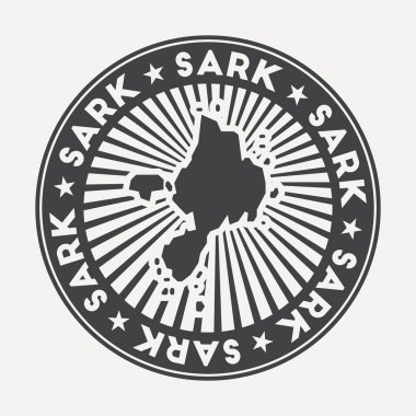 Sark yuvarlak logosu dairesel adı ve ada vektör illüstrasyonunun haritası olan Vintage seyahat rozeti