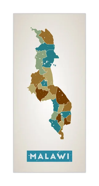 Malawi mapa Plakat kraju z regionami Stary grunge tekstury Kształt Malawi z nazwą kraju — Wektor stockowy