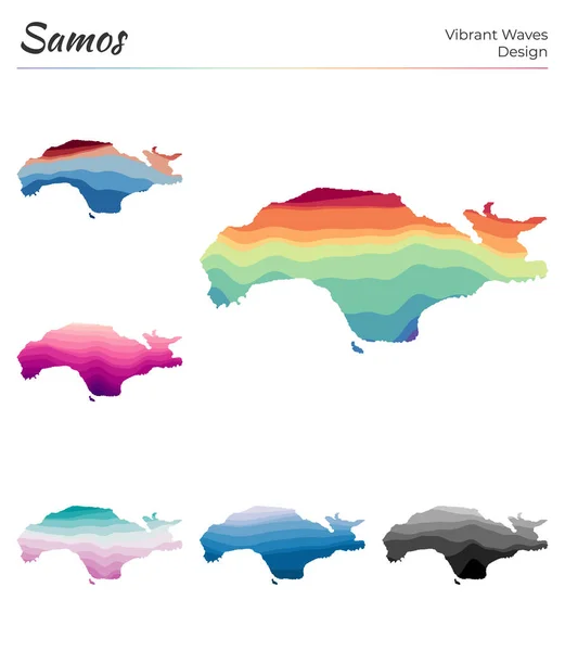 Set di mappe vettoriali di Samos Design a onde vibranti Luminosa mappa dell'isola in curve geometriche lisce — Vettoriale Stock