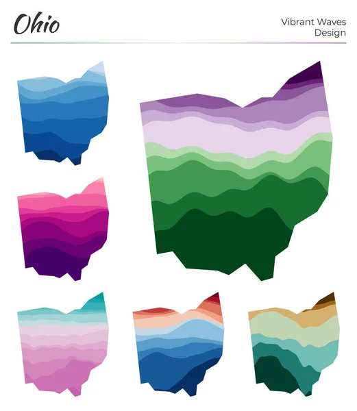 Serie di mappe vettoriali di Ohio Progettazione di onde vibranti Carta luminosa di noi stato in curve geometriche lisce — Vettoriale Stock