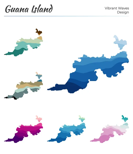 Conjunto de mapas vectoriales de la isla de Guana Diseño de ondas vibrantes Mapa brillante de la isla en geometría lisa — Vector de stock