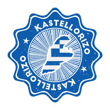 Kastellorizo yuvarlak grunge damgası Ada haritası ve ülke bayrağı dairesel metin ile klasik rozet