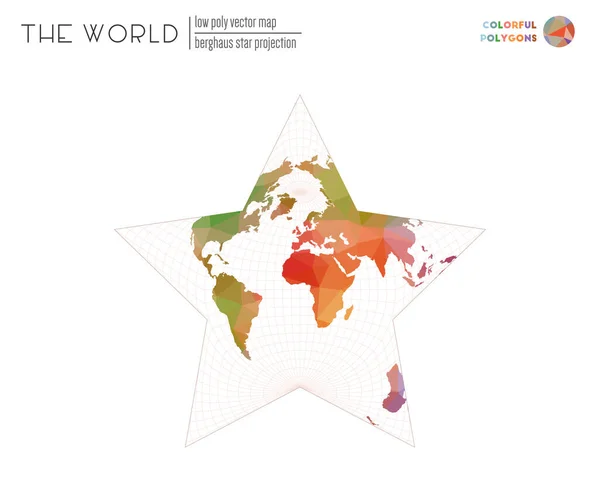 Wereldkaart in veelhoekige stijl Berghaus sterrenprojectie van de wereld Kleurrijke gekleurde polygonen Netjes — Stockvector