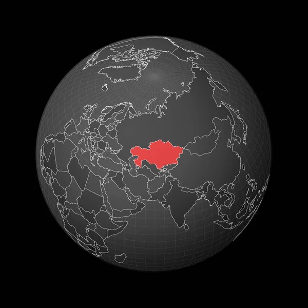 Donkere bol gecentreerd naar Kazachstan Land gemarkeerd met rode kleur op wereldkaart Satellietwereld — Stockvector