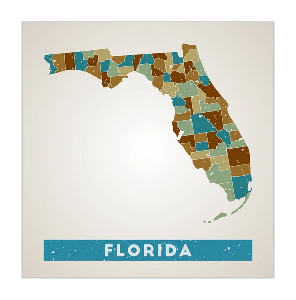 Florida mapa Nós estado cartaz com regiões Velha textura grunge Forma da Flórida com a gente nome do estado — Vetor de Stock