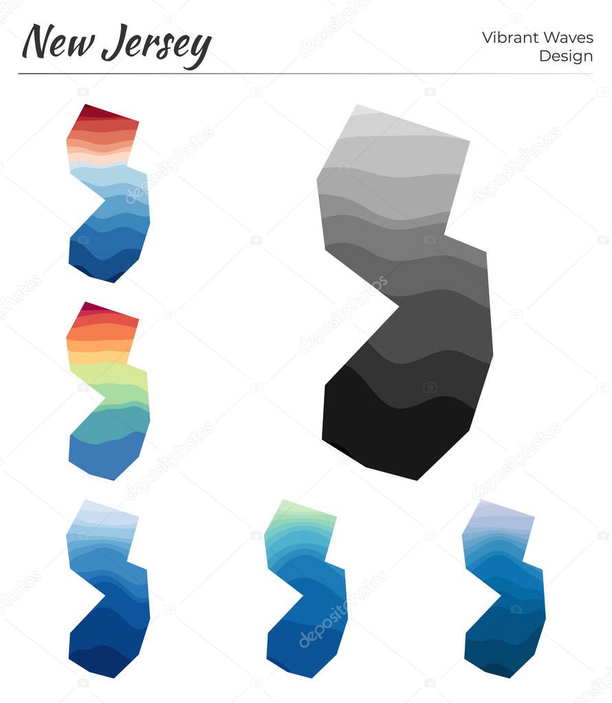 Set of vector maps of New Jersey Vibrant waves design Bright map of us state in geometric smooth